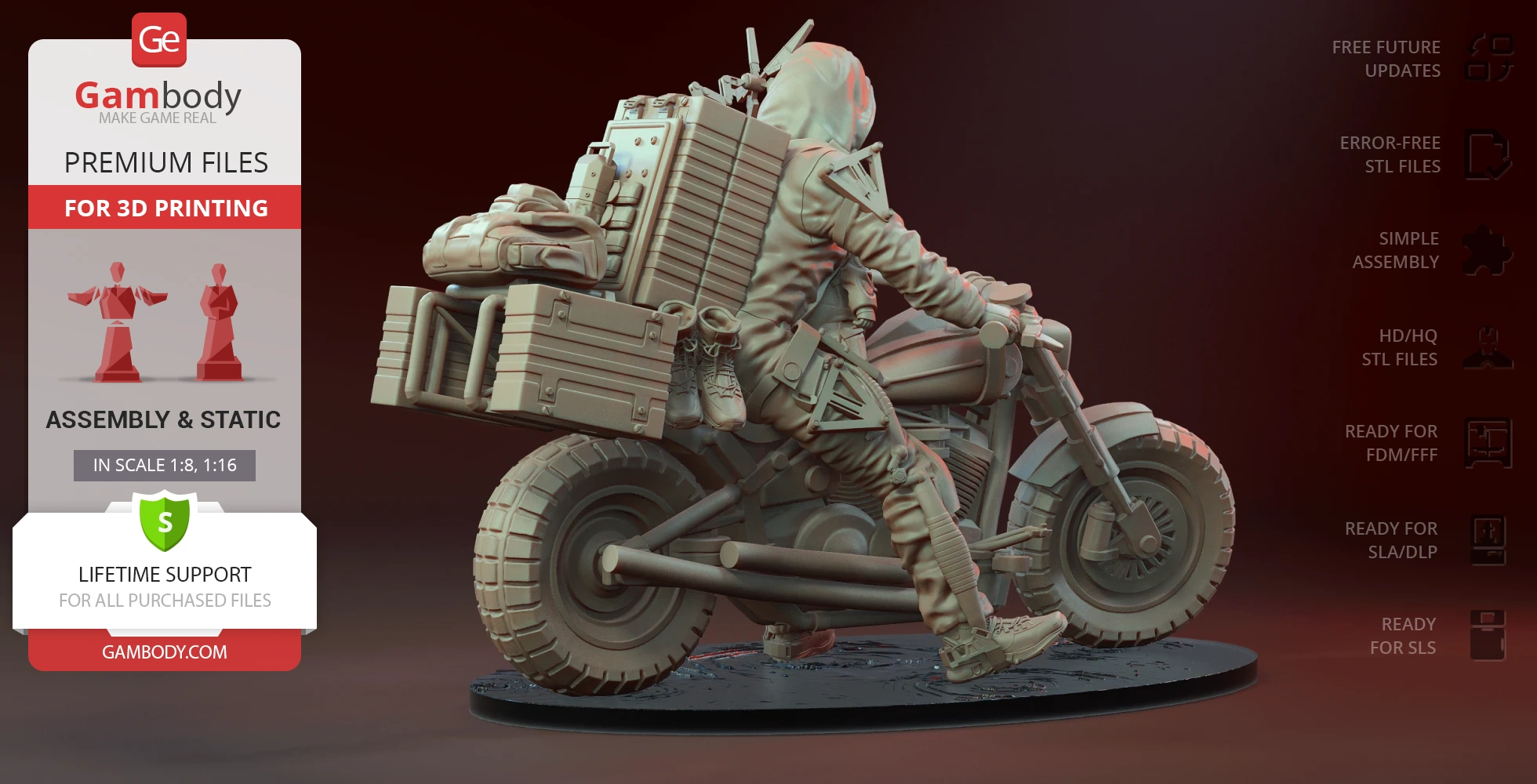 A detailed 3D model of a character with gear, riding a motorcycle, designed for printing.