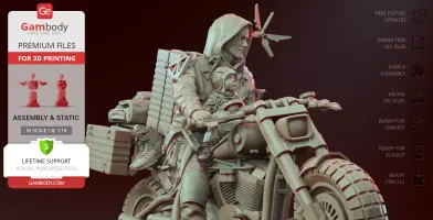 A detailed 3D model of a hooded character on a motorcycle with a child, ready for 3D printing.