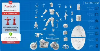 Assorted 3D printable parts for a detailed character model and accessories from 'Death Stranding.'