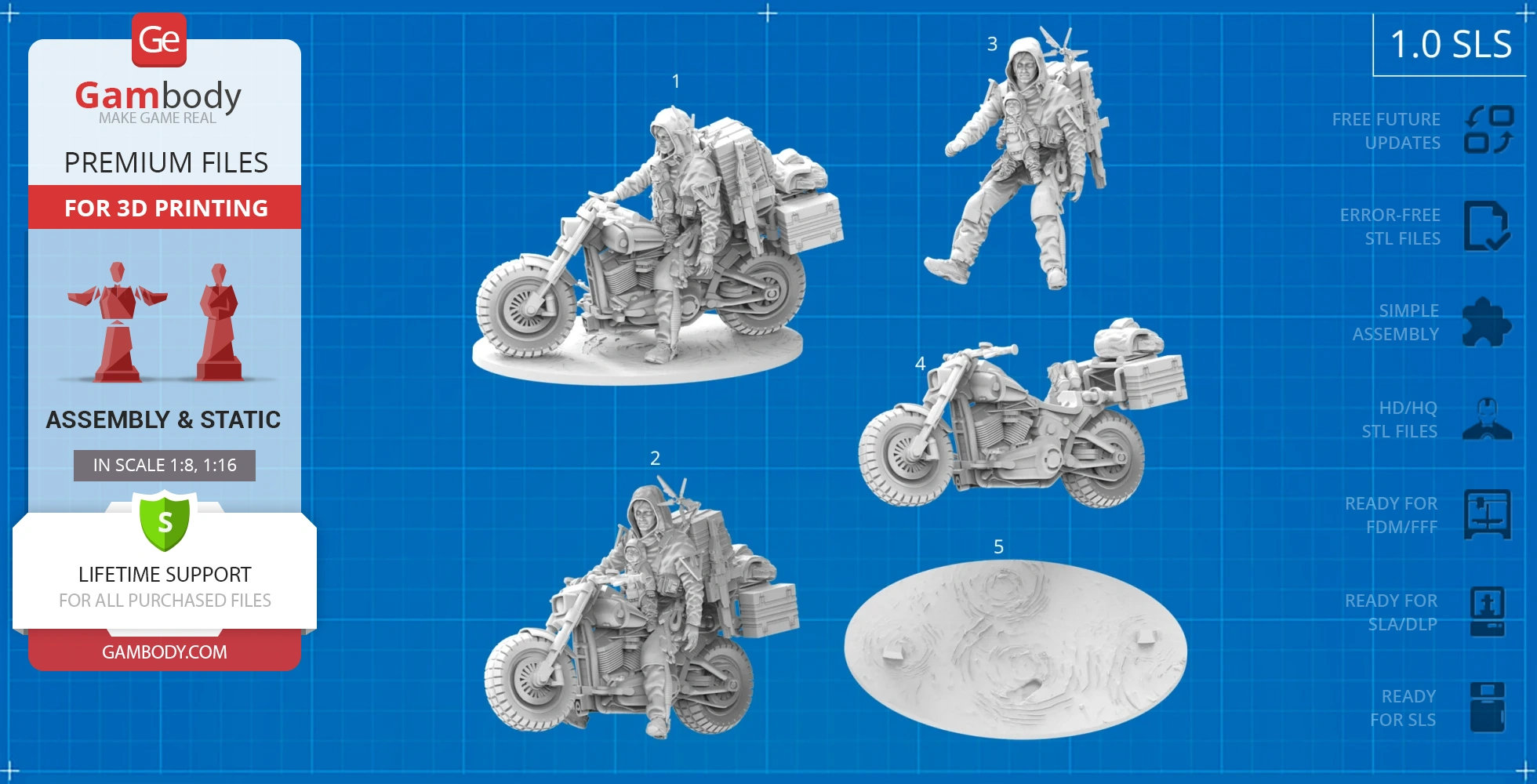 3D printed Sam on a motorcycle with gear from Death Stranding, detailed for assembly.