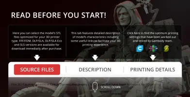 Hooded figure with backpack and robotic arm, alongside 3D printing instructions and buttons for source files.