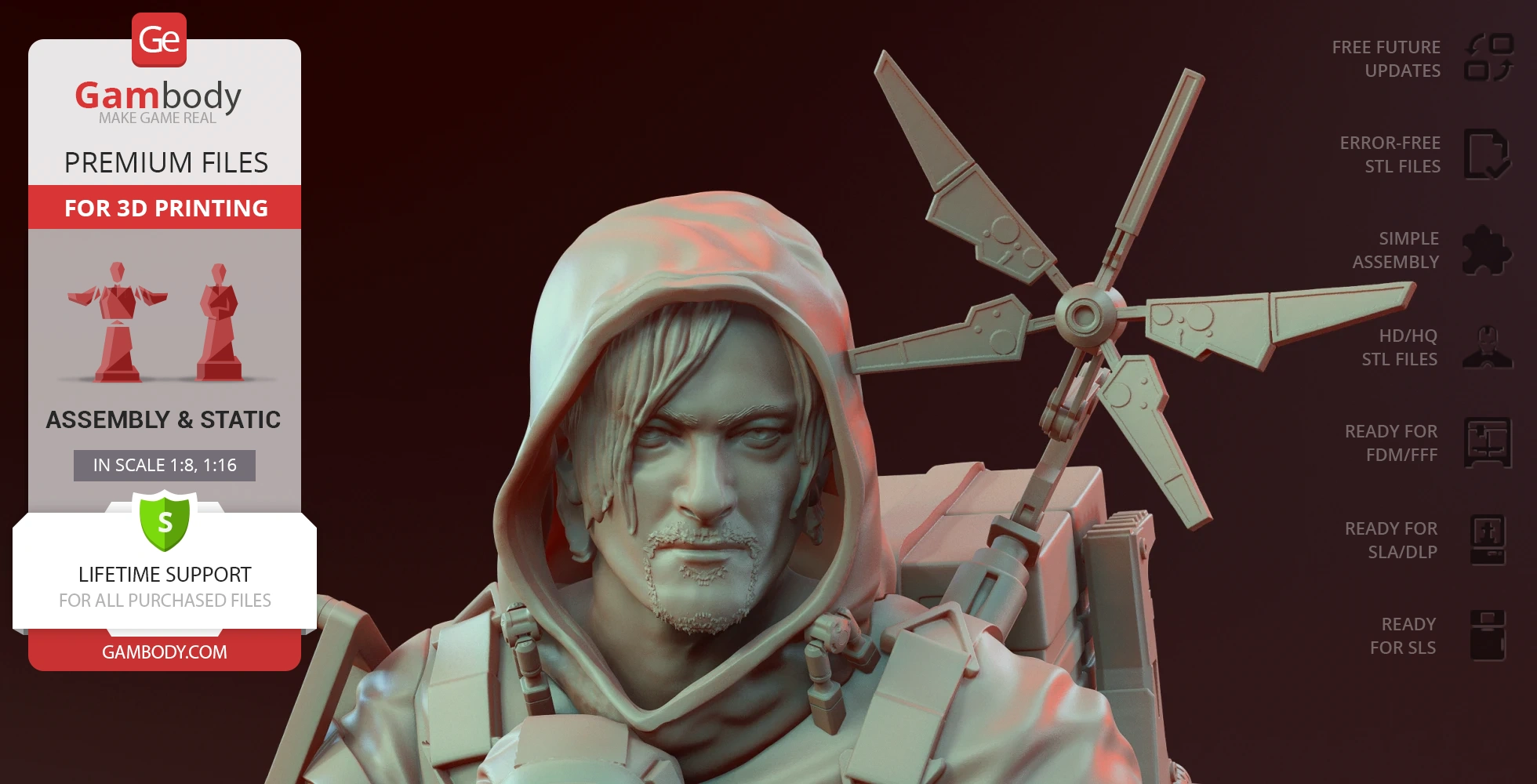 A detailed 3D model of a hooded character with facial hair and a mechanical device on their back.