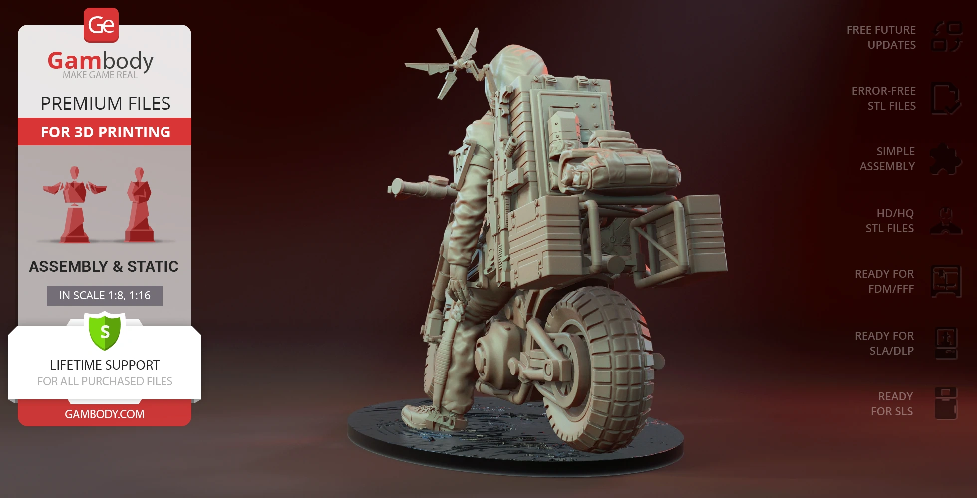 3D model of a character on a bike with gear, designed for 3D printing, from Death Stranding.