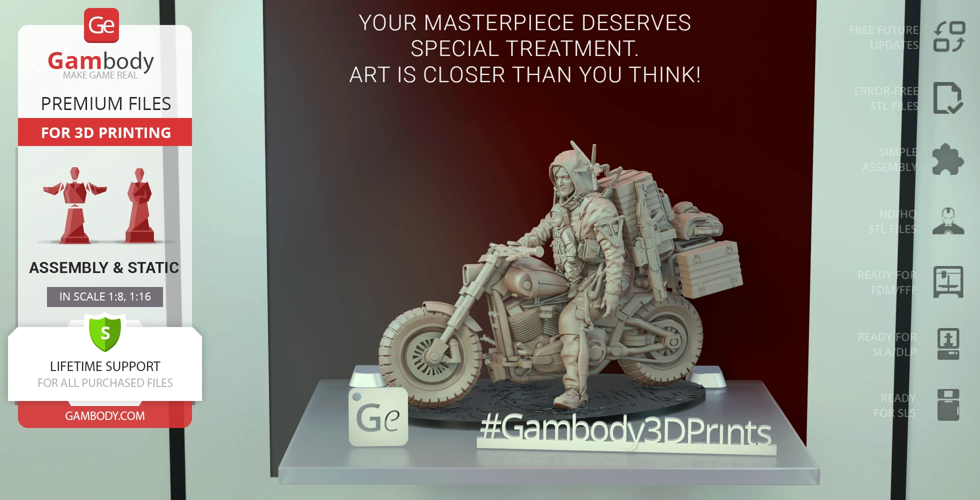 Detailed 3D model of a character from Death Stranding on a motorcycle, ready for 3D printing.