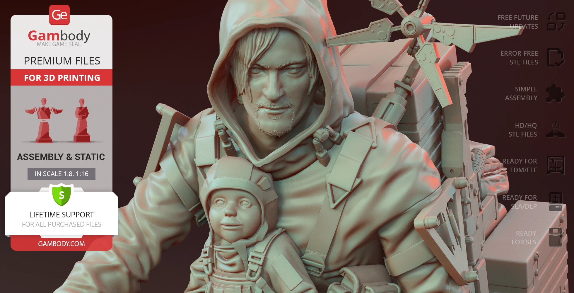 3D model of a hooded figure with futuristic gear and a baby in a carrier.