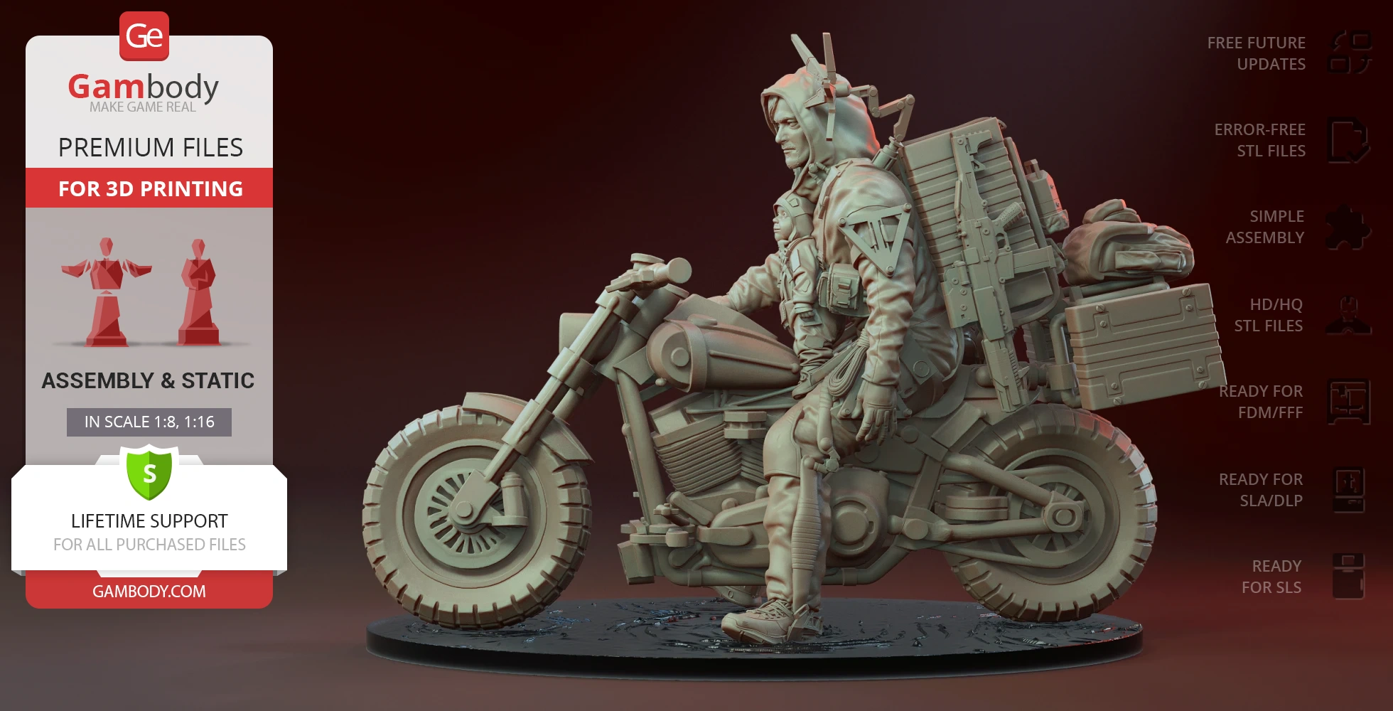 3D model of a character in a hooded outfit riding a detailed motorcycle with cargo on the back.