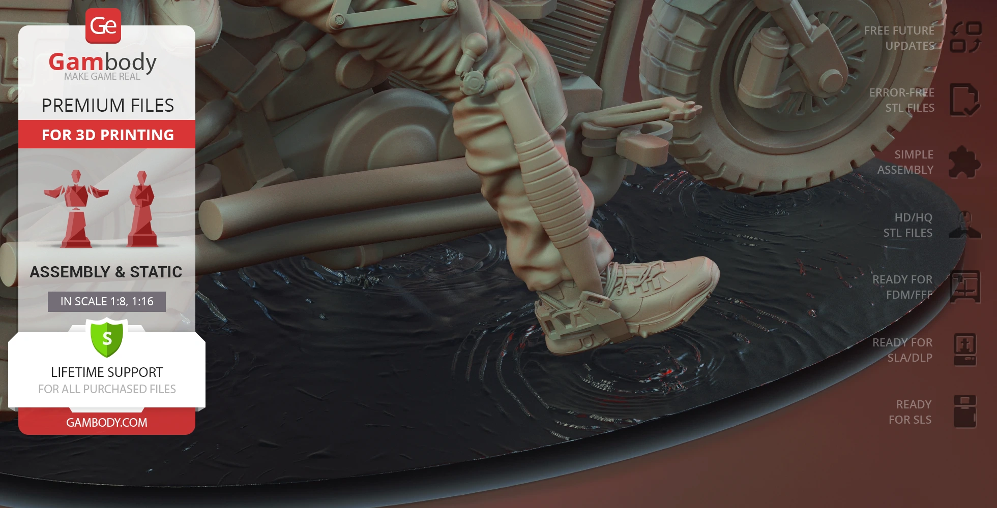 A detailed 3D model of a character's leg on a motorcycle over a textured base, designed for 3D printing.
