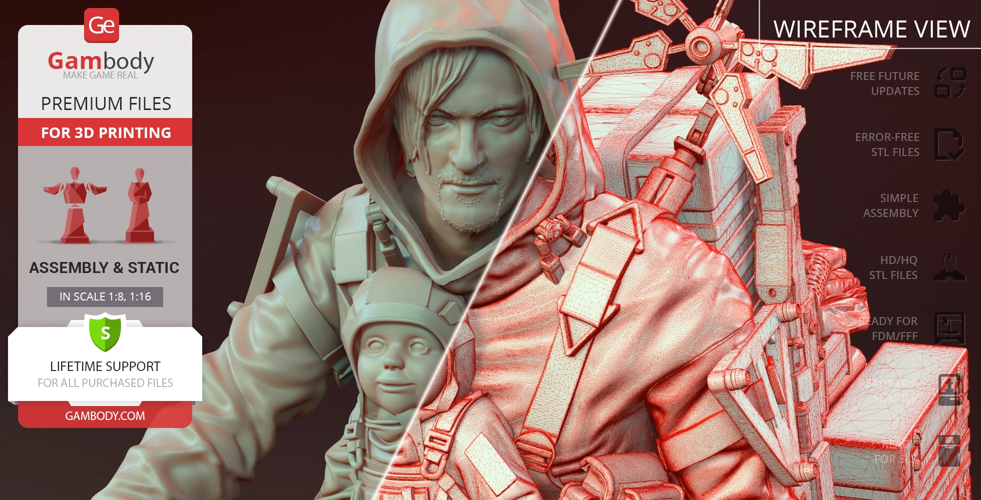 3D model of a hooded character with cargo, showing detailed and wireframe views for 3D printing.