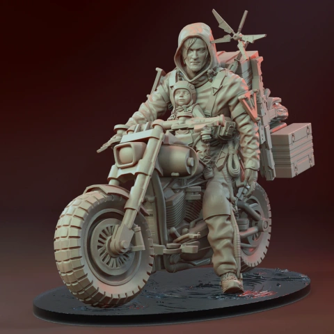 3D model of a hooded biker with a baby, carrying gear, riding a rugged motorcycle.