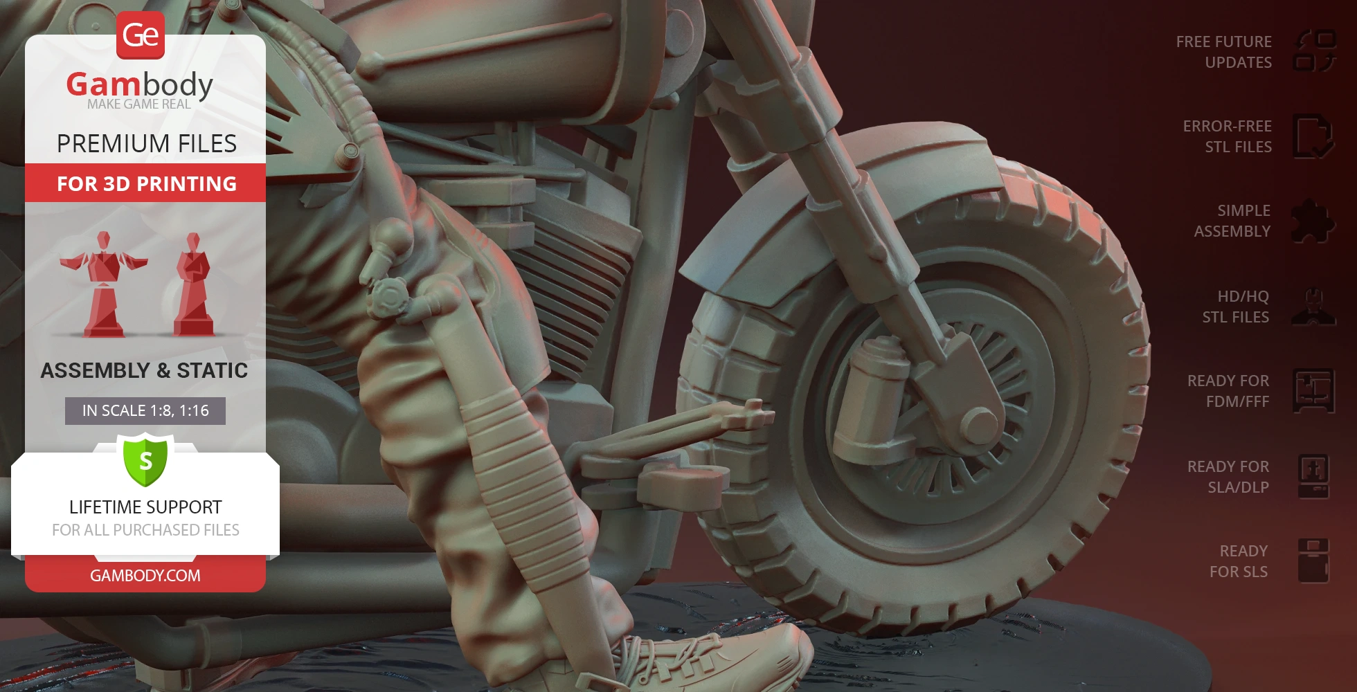 3D model of a detailed motorcycle with a rider in tactical gear, designed for 3D printing.