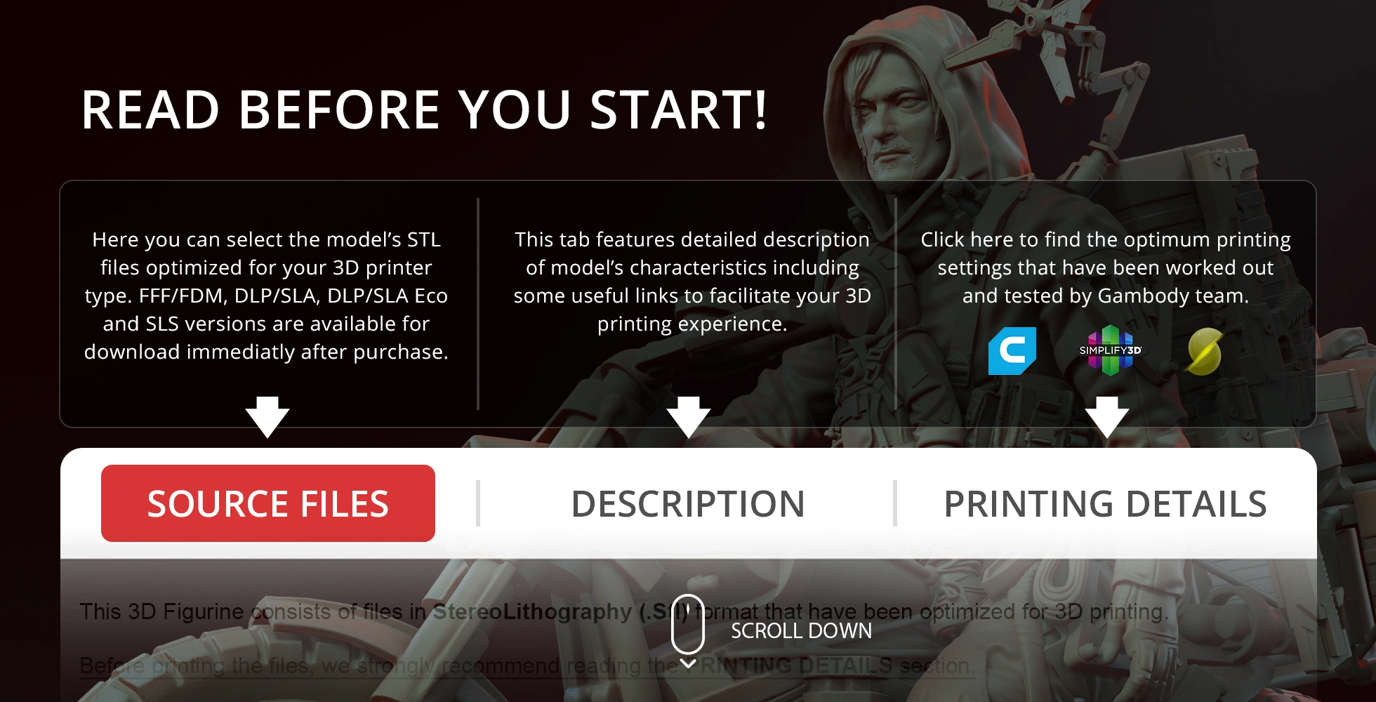 Hooded figure with backpack and robotic arm, alongside 3D printing instructions and buttons for source files.