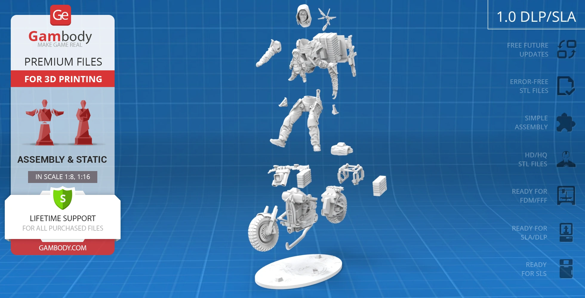 3D model kit of Sam from Death Stranding, featuring disassembled parts for assembly and 3D printing.
