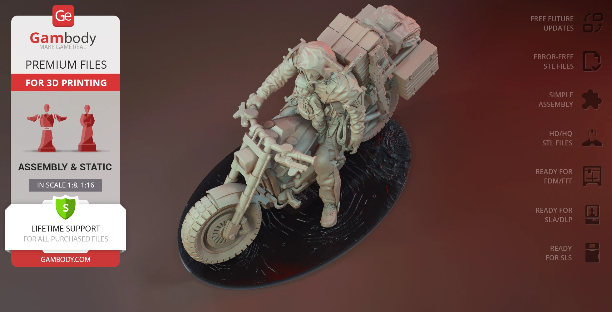 A detailed 3D model of a person on a bike carrying gear, ready for 3D printing from Gambody.