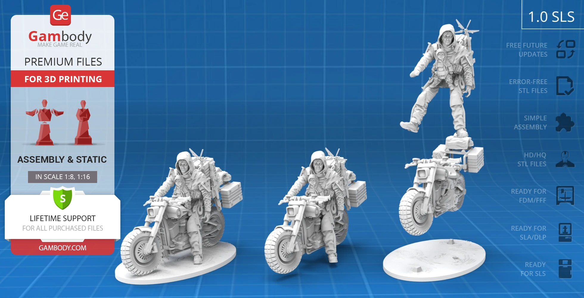 A detailed 3D model of a character in combat gear with a backpack, on and off a futuristic bike.