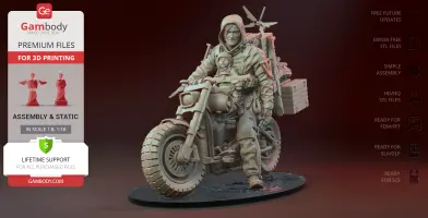 Hooded figure on a bike with backpack and infant. Premium 3D print files for 'Death Stranding' available.