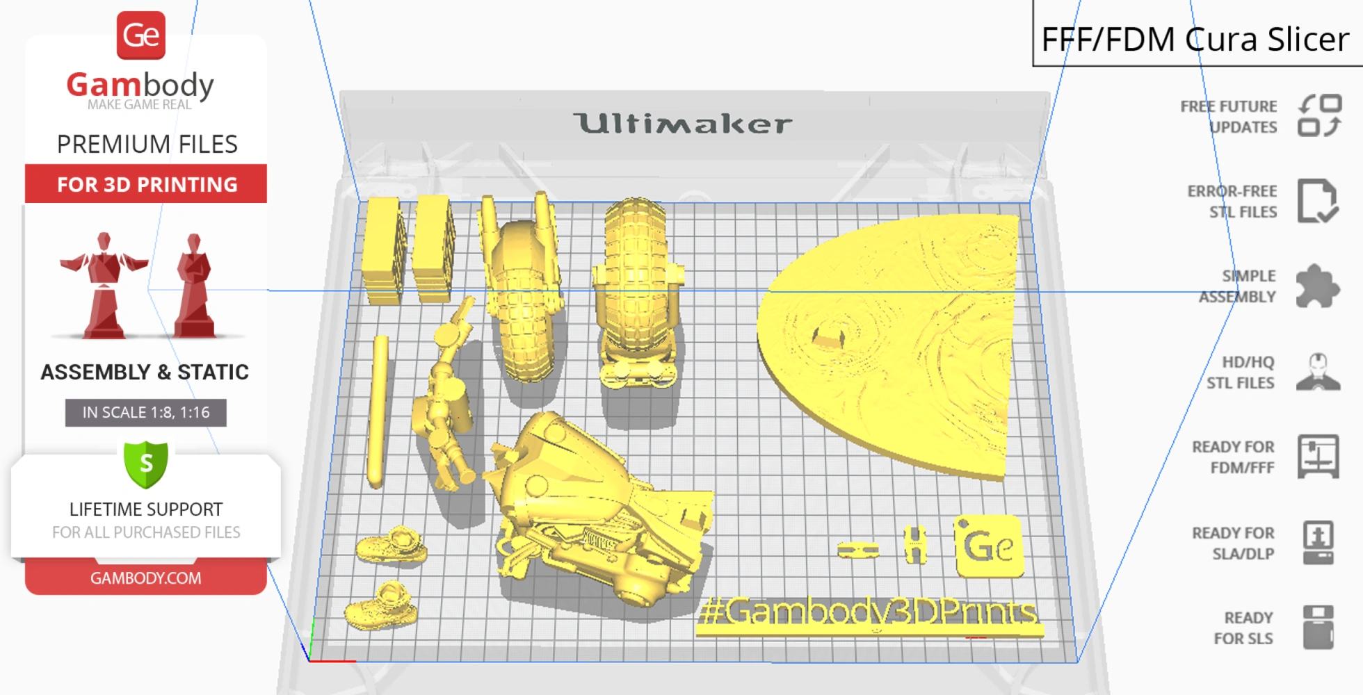 3D model parts for 'Sam' from Death Stranding on a virtual Ultimaker print bed.