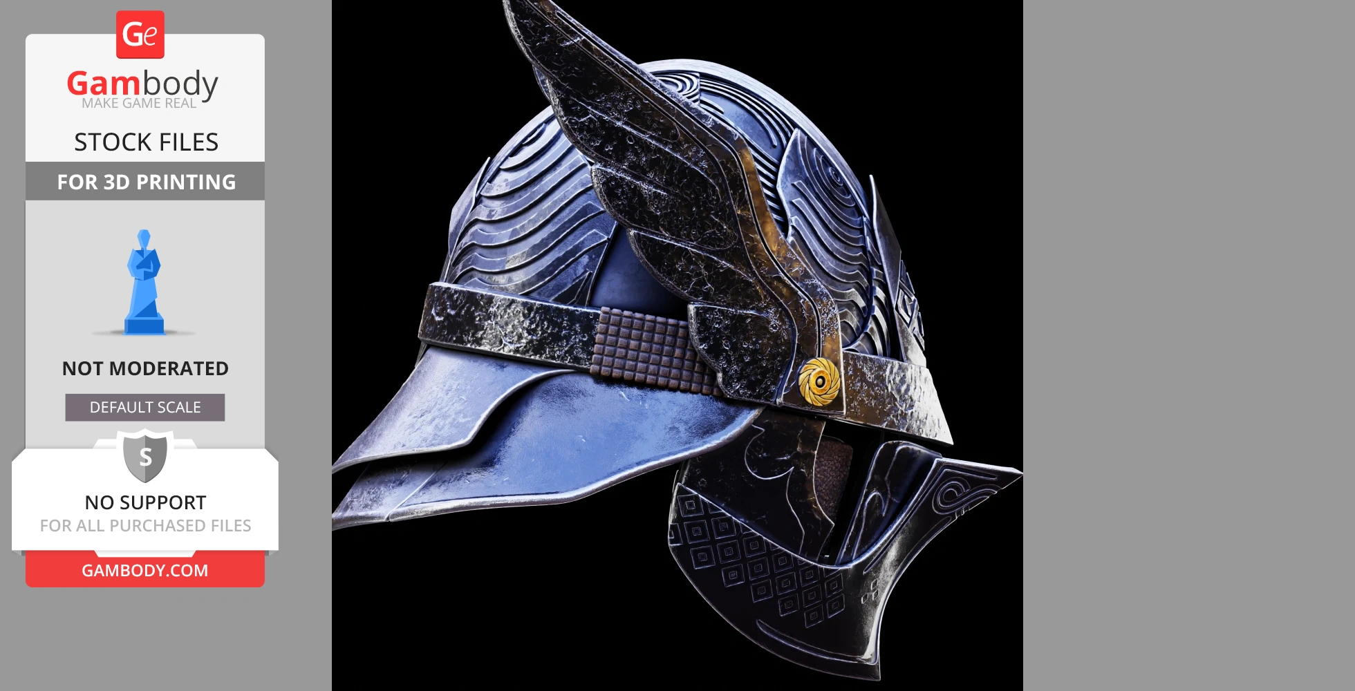 Lifesize fantasy helmet with intricate designs and wing-like details, suitable for 3D printing.