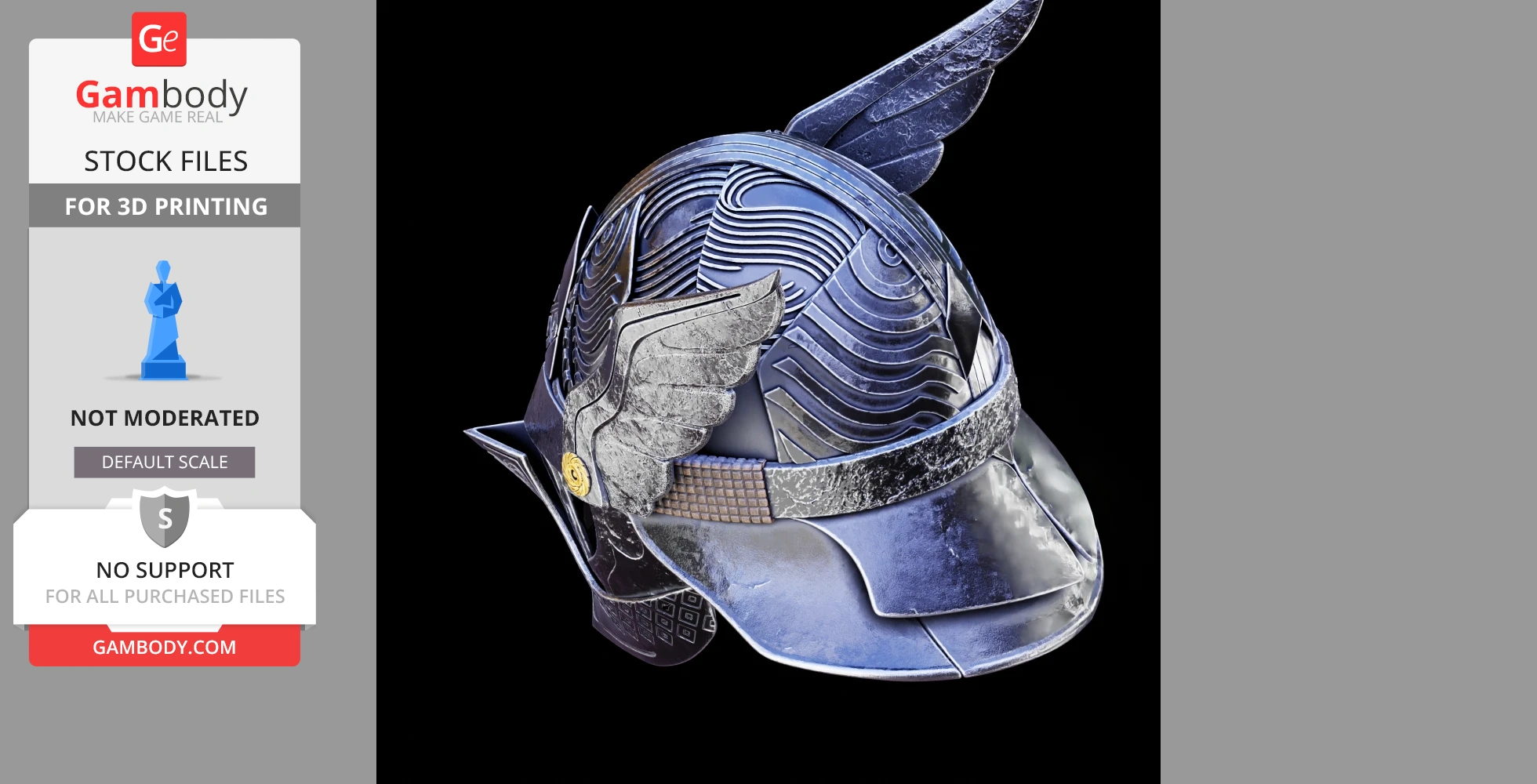 A detailed, fantasy-style helmet with winged accents, suitable for 3D printing.