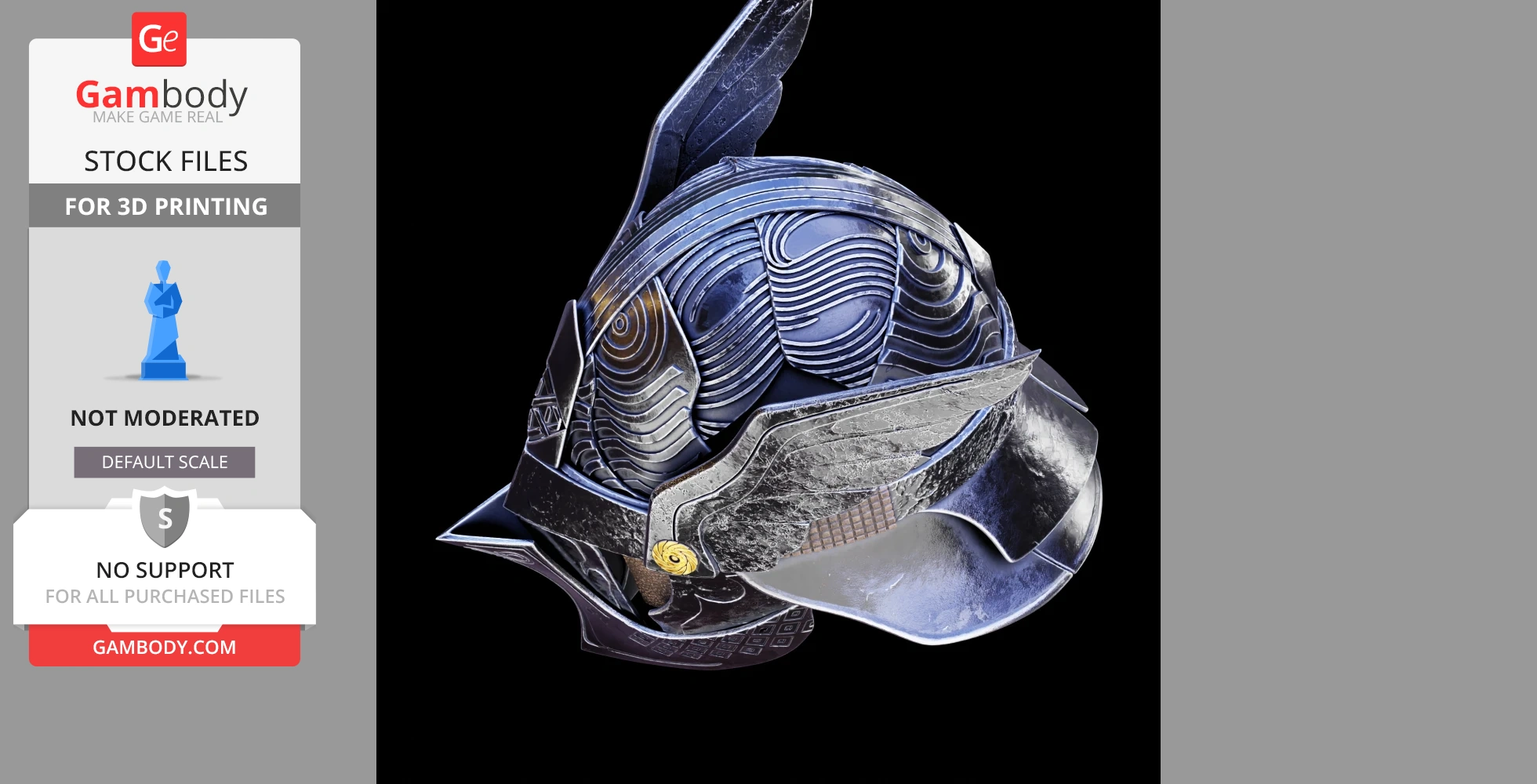 Intricately designed metallic helmet with wing details and swirling patterns.