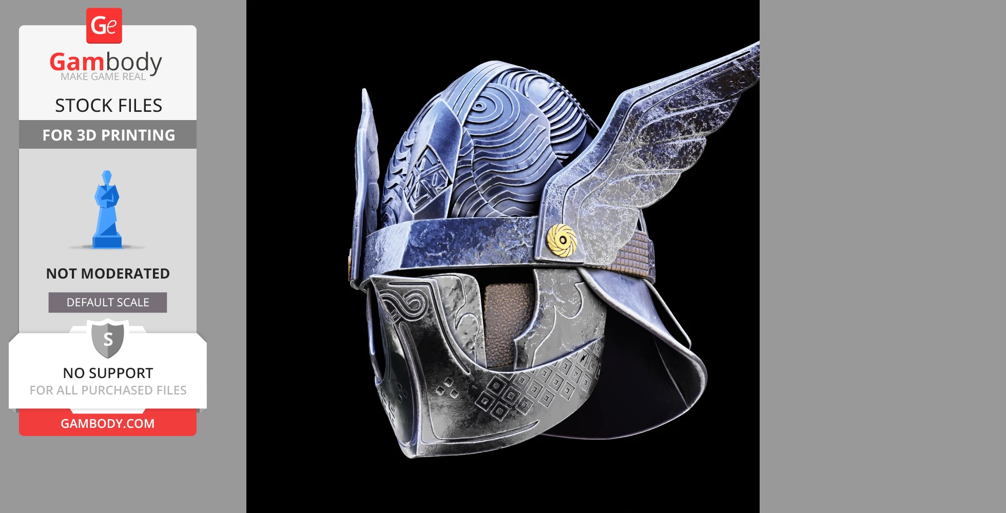 Ornate, winged metallic helmet with intricate patterns, inspired by fantasy design for 3D printing.