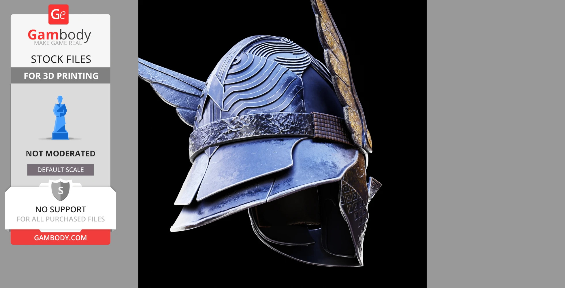 Futuristic blue helmet with wing-like adornments, detailed engravings, and a textured surface.