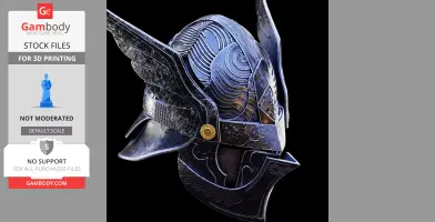 Intricately designed, dark fantasy helmet with curved patterns and wing-like decorations on the sides.