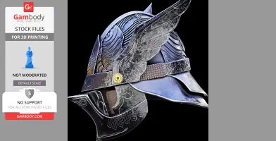 Intricately detailed cosplay helmet with winged design and textured metallic surfaces.