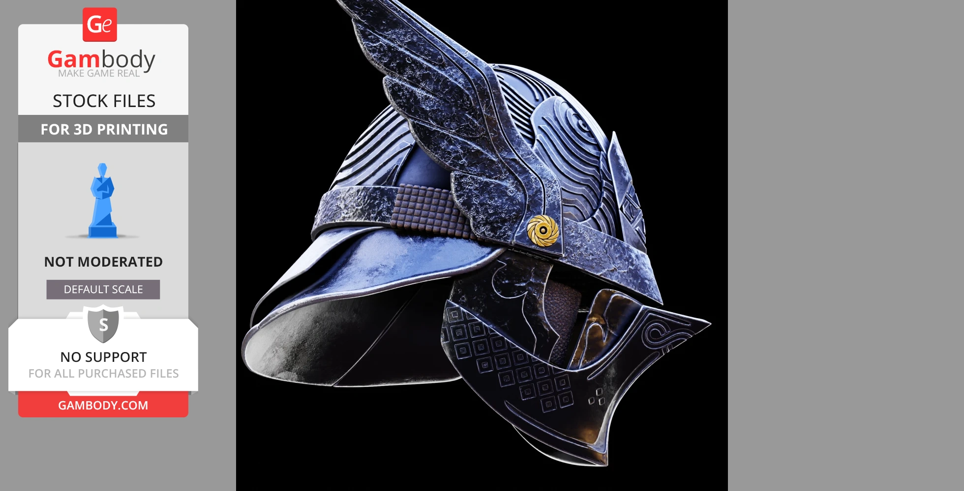 Detailed winged cosplay helmet with etched patterns and golden emblem, inspired by fantasy themes.