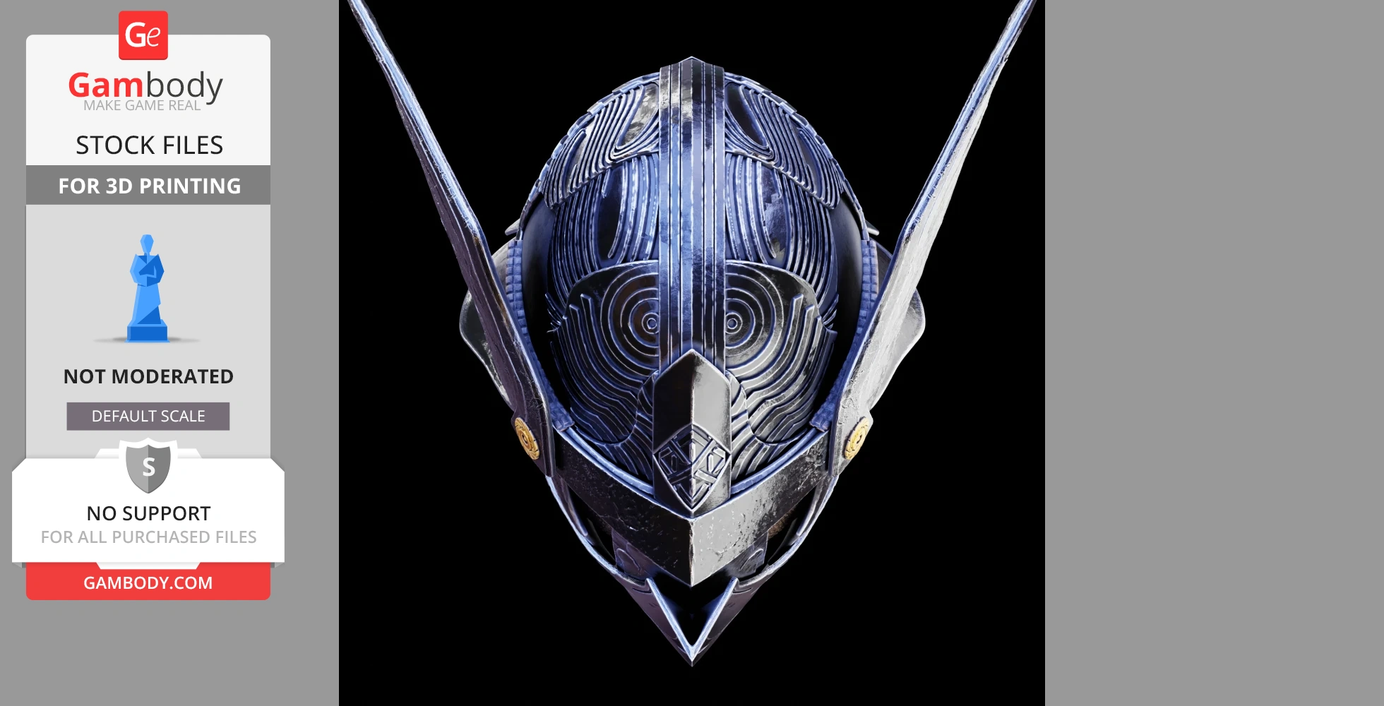 A detailed, futuristic blue helmet with intricate patterns and prominent protrusions for 3D printing.