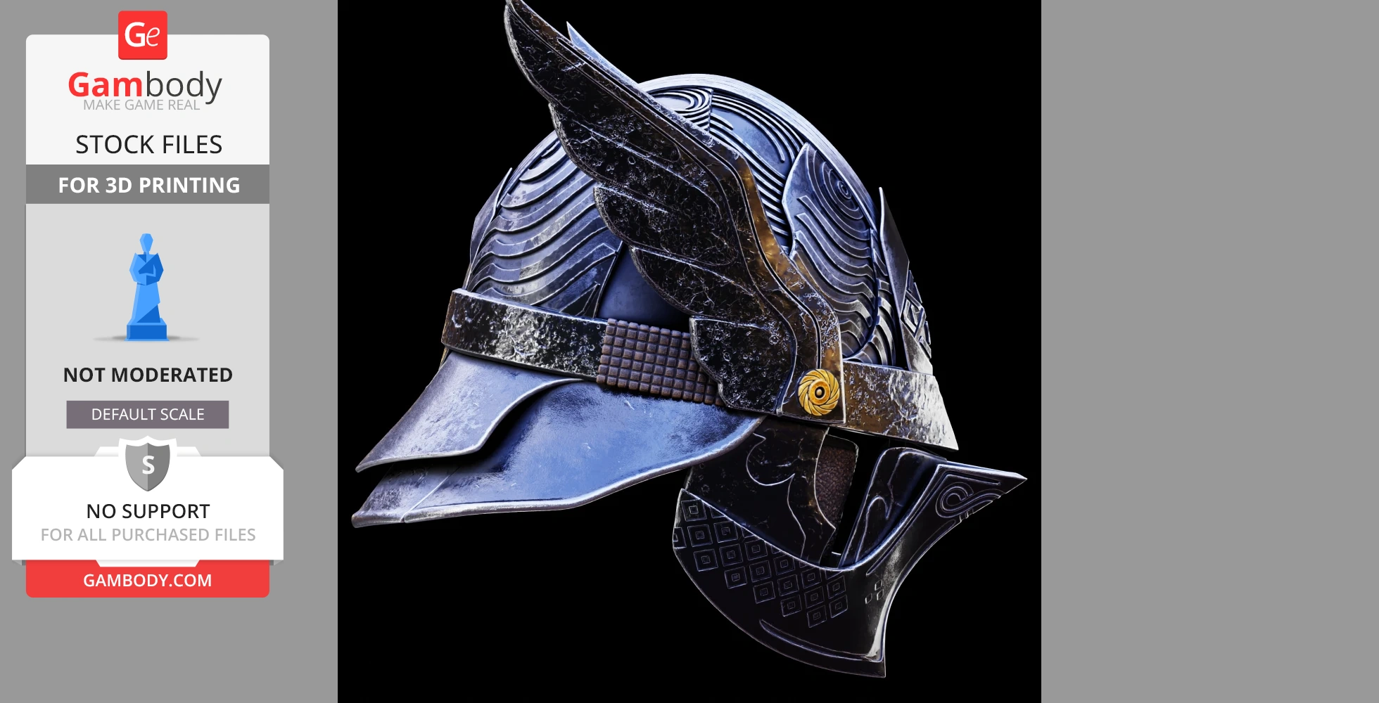 Lifesize ornate helmet with wing motifs, detailed engravings, and textured design for 3D printing.