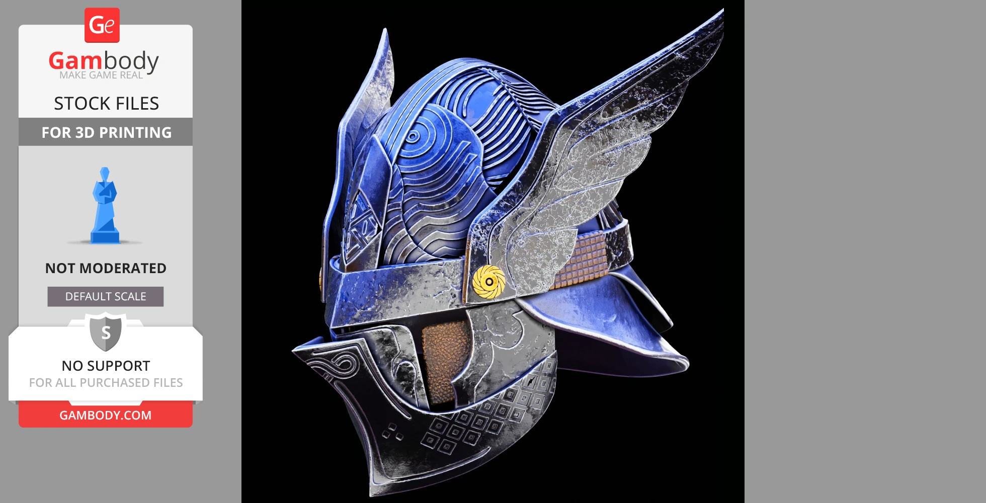 Intricate, blue metal helmet with wing-like adornments and detailed engravings, inspired by Elden Ring.