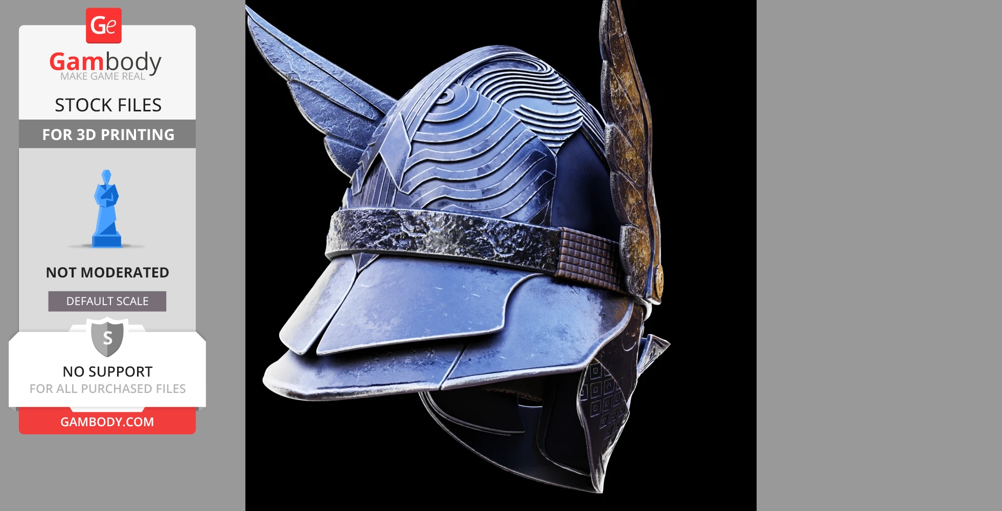 Intricately designed blue cosplay helmet with bronze wing details and textured patterns.