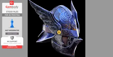 Intricate blue helmet with wing-like designs and ornate patterns. 3D printable fan art.