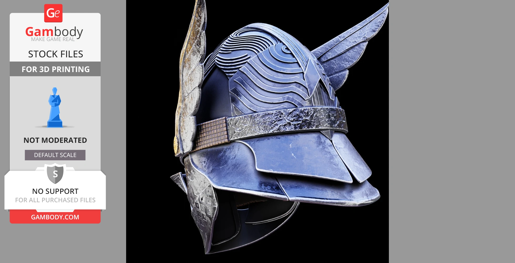 Futuristic helmet with winged sides and intricate patterns, designed for 3D printing.
