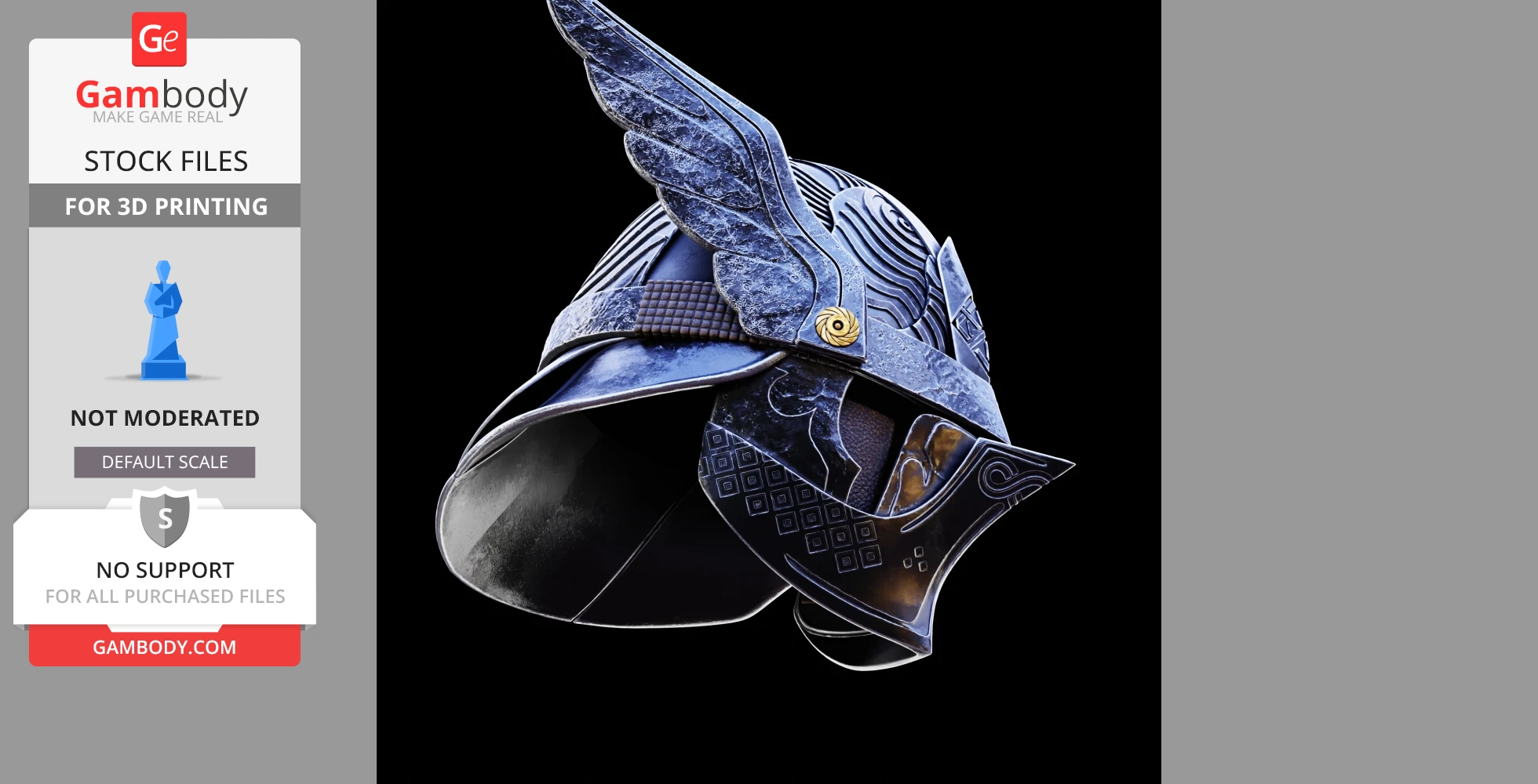 A detailed, blue medieval-style helmet with winged accents, designed for cosplay or display.