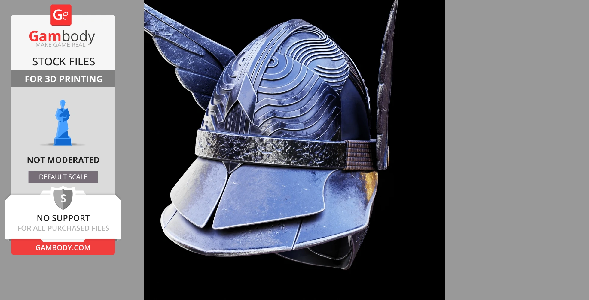 A detailed blue and silver fantasy helmet with swirling patterns, winged sides, and textured band.