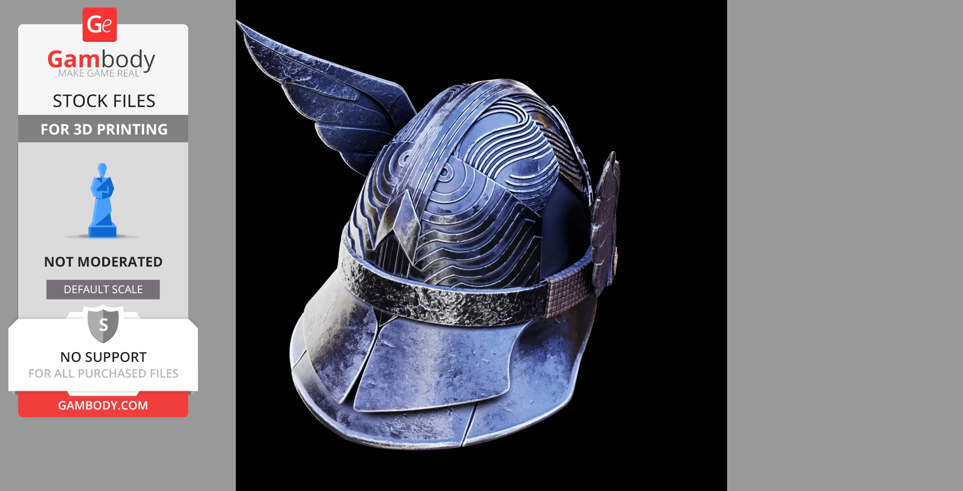 Futuristic helmet with intricate patterns and wing-like accents, designed for 3D printing.