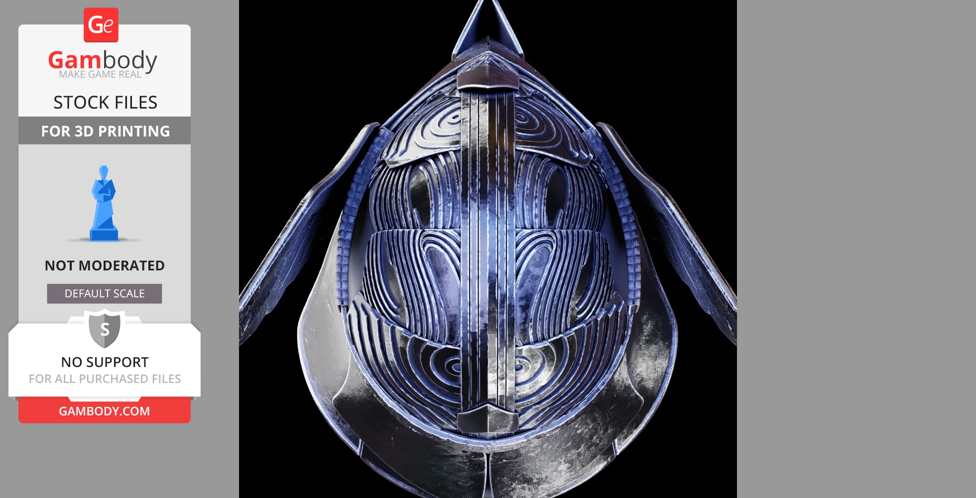 A detailed, metallic-blue fantasy helmet with intricate, swirling patterns and a geometric design.