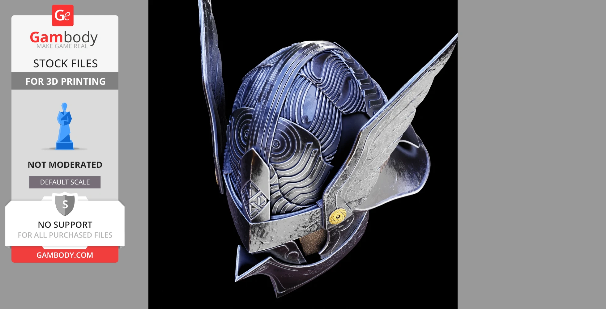Intricate sci-fi helmet with curved patterns and wing-like side extensions.