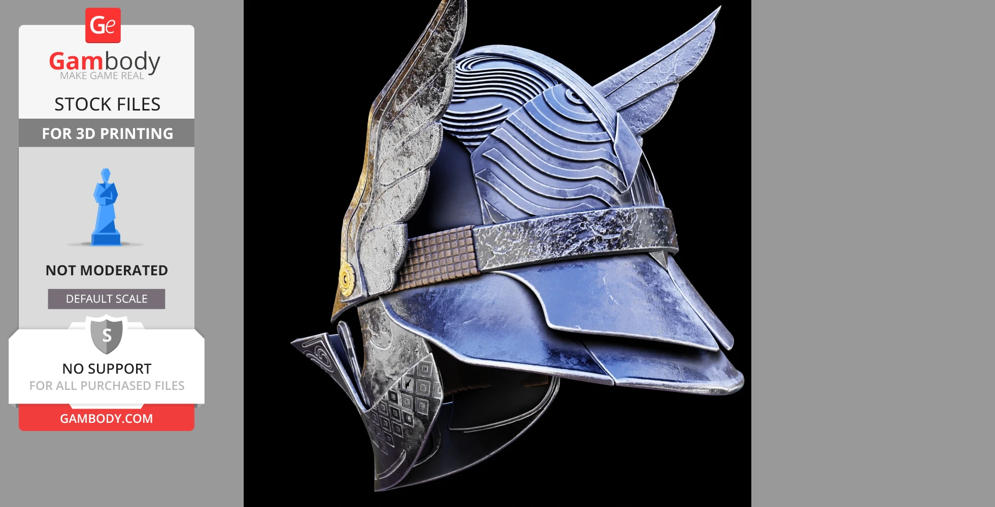 Silver and blue winged fantasy helmet with intricate engravings on display for 3D printing.