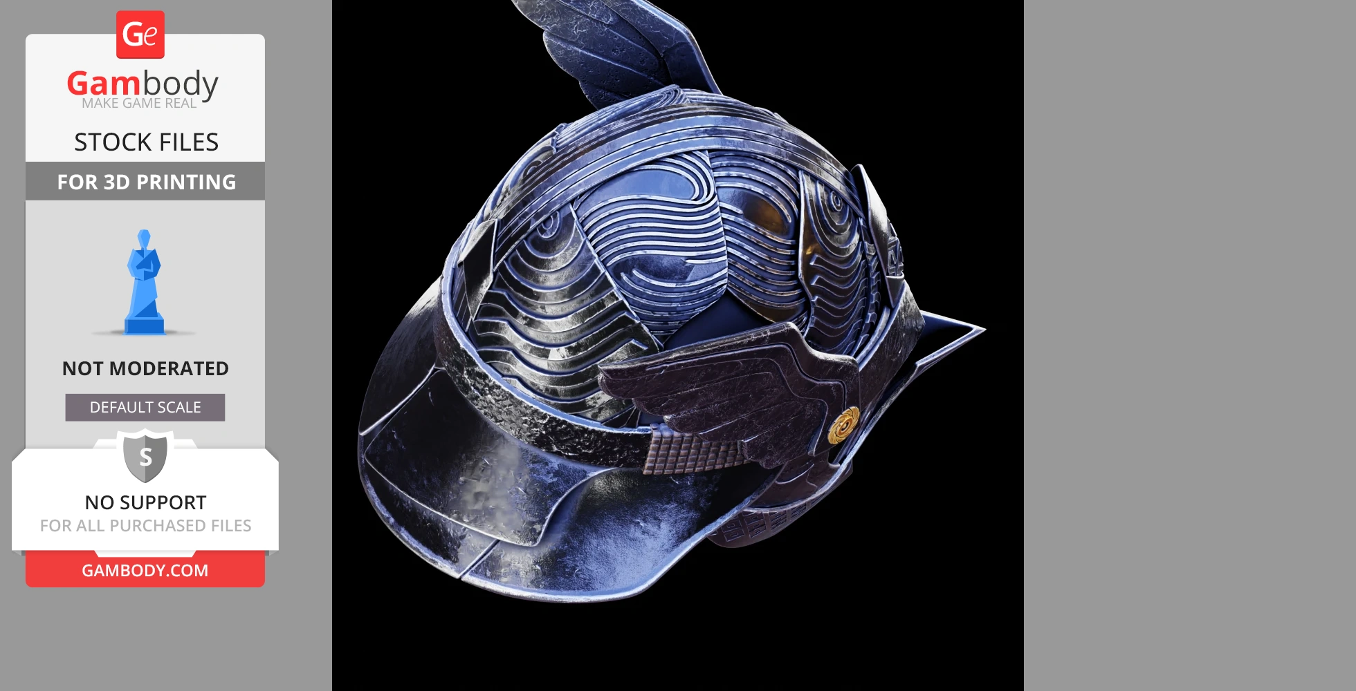 Futuristic knight helmet design with layered patterns and wing accents, intended for 3D printing.