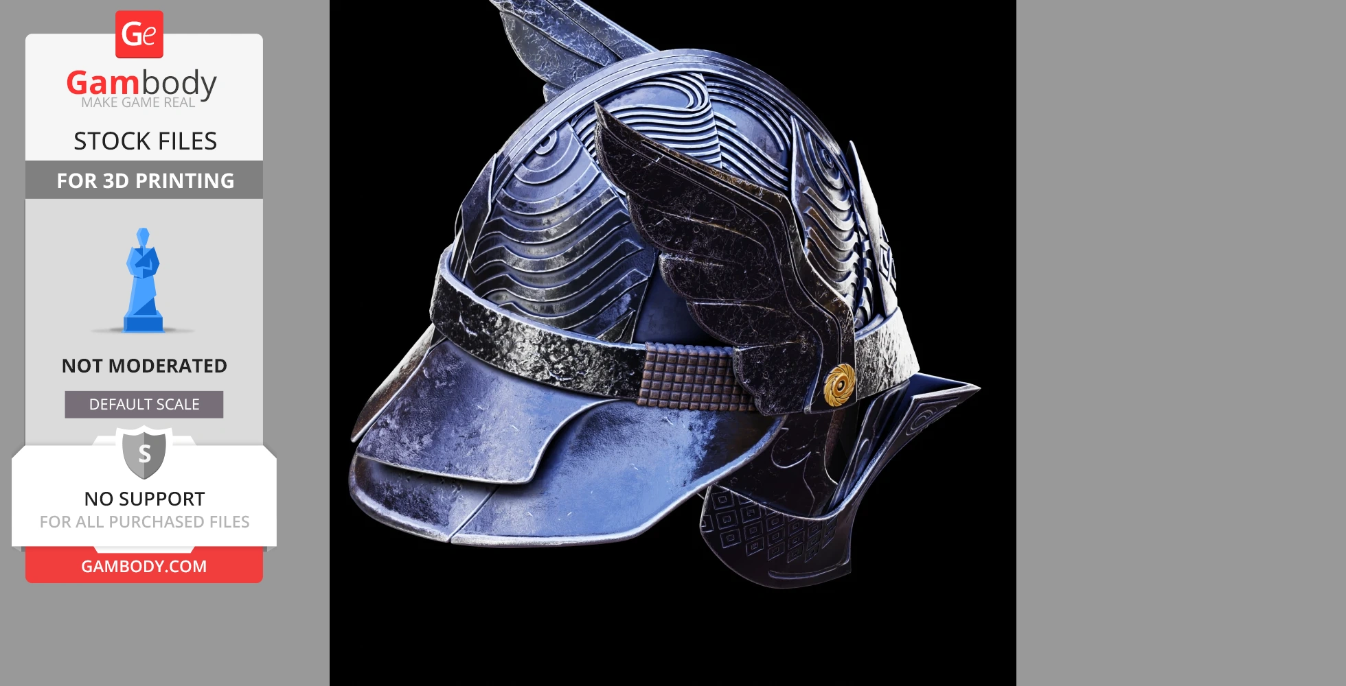 A detailed blue and silver fantasy helmet with wing-like decorations on the sides.