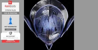 Futuristic, metallic helmet with intricate, symmetrical patterns and sharp edges, viewed head-on.