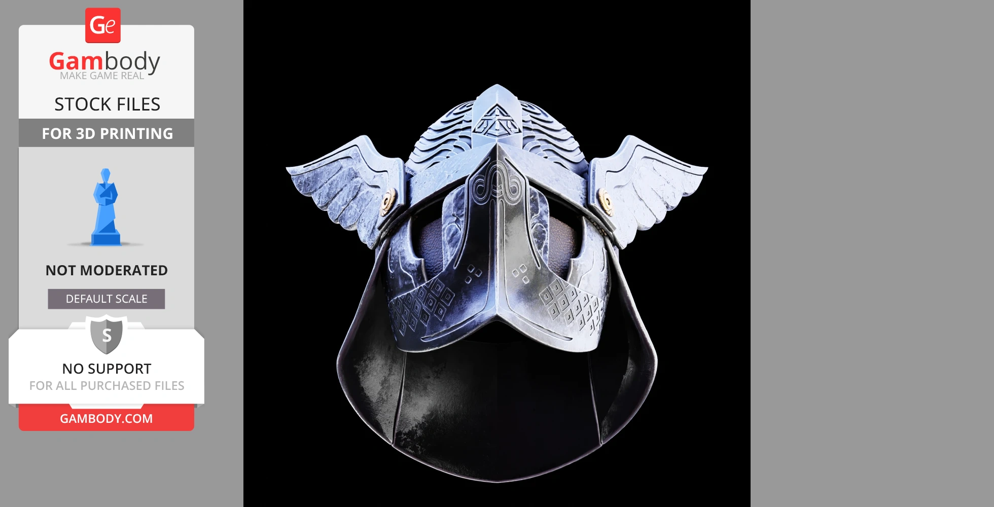 Intricately designed fantasy helmet with wing motifs and geometric engravings.