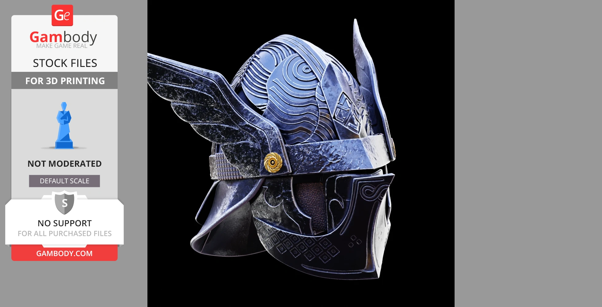 Winged, ornate blue helmet with intricate patterns and gold embellishments, inspired by Elden Ring.
