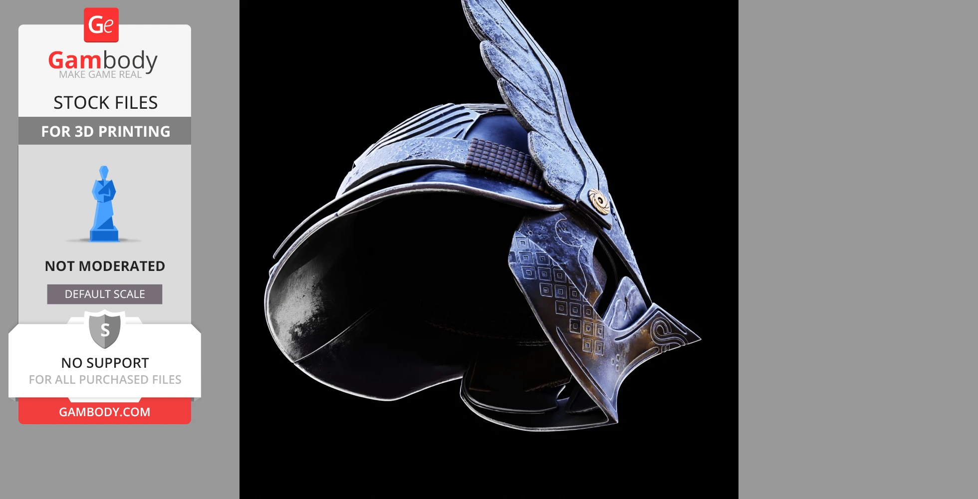A detailed, winged, blue and gold fantasy helmet inspired by Elden Ring, designed for 3D printing.