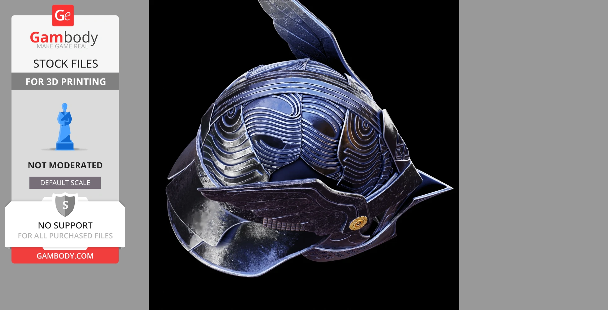 Ornate, lifesize helmet with intricate, swirling patterns and sharp fins for cosplay or 3D printing.