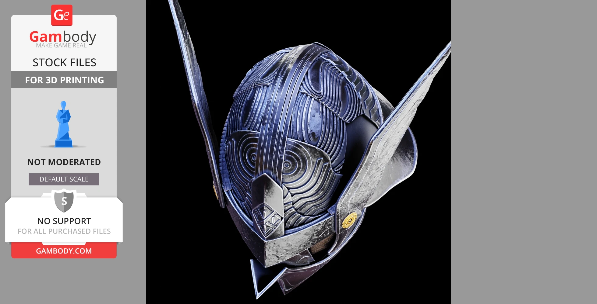 Intricately designed, fan-made, angular sci-fi helmet with detailed patterns and long side fins.
