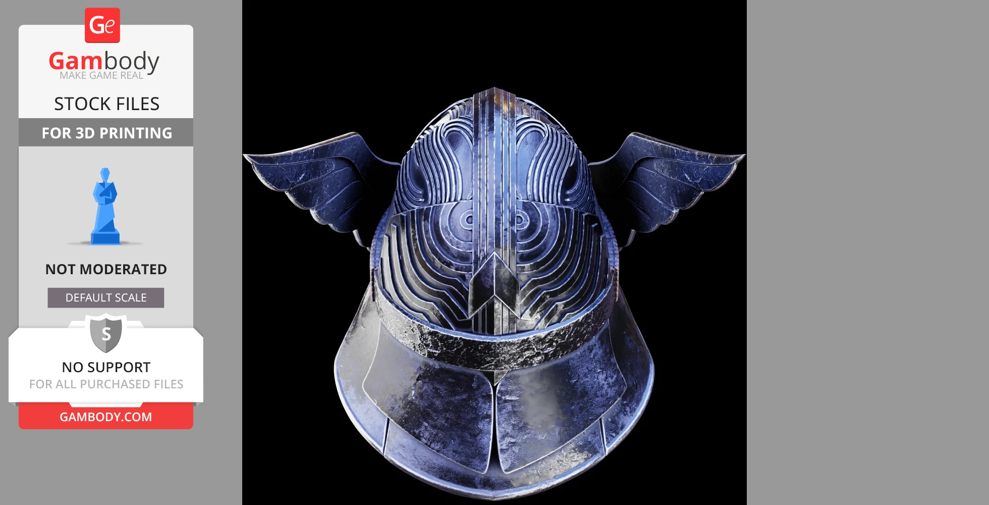 Futuristic helmet with intricate patterns and winged sides, designed for 3D printing.