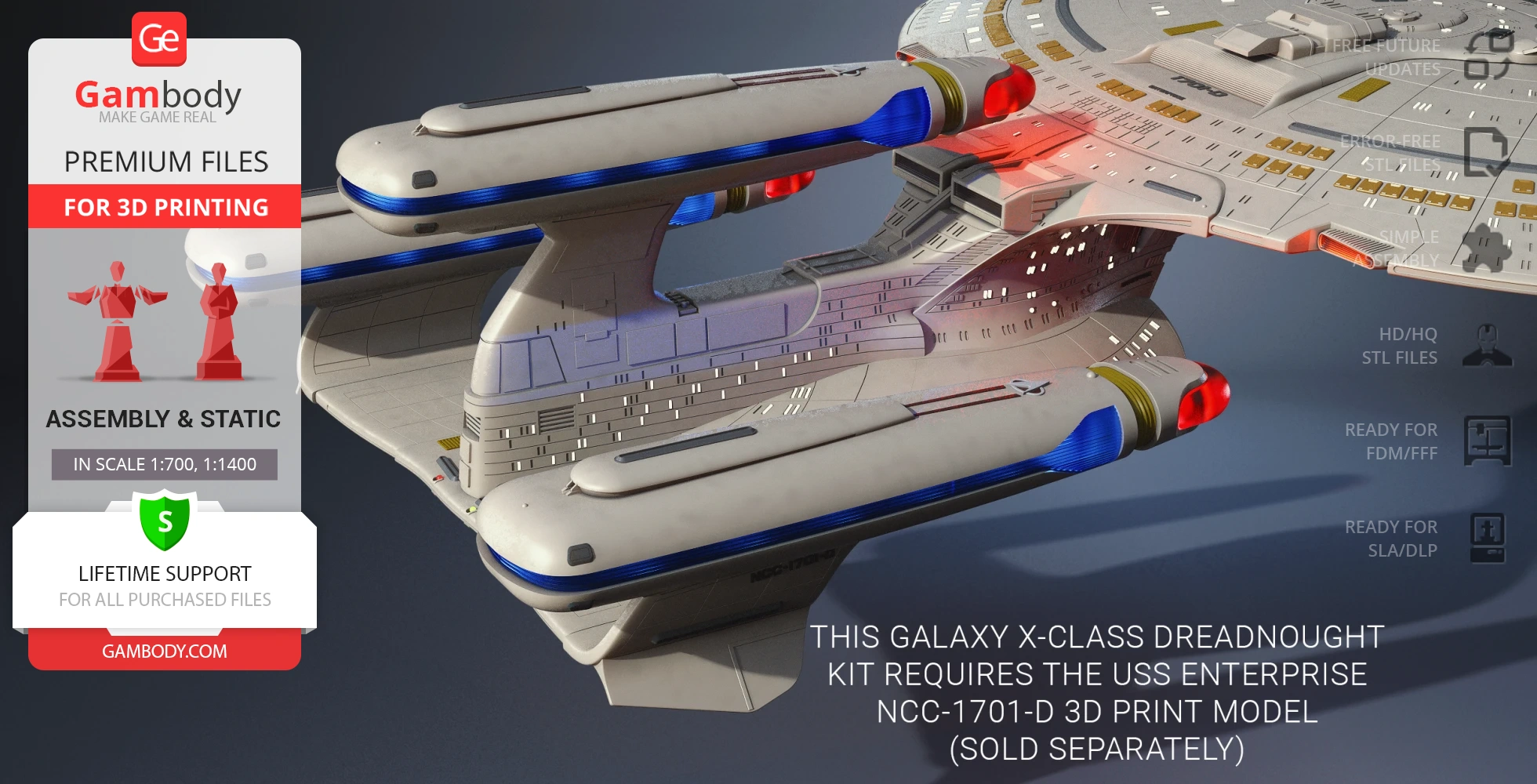 Futuristic starship model with sleek design, featuring blue and red accents, for 3D printing assembly.